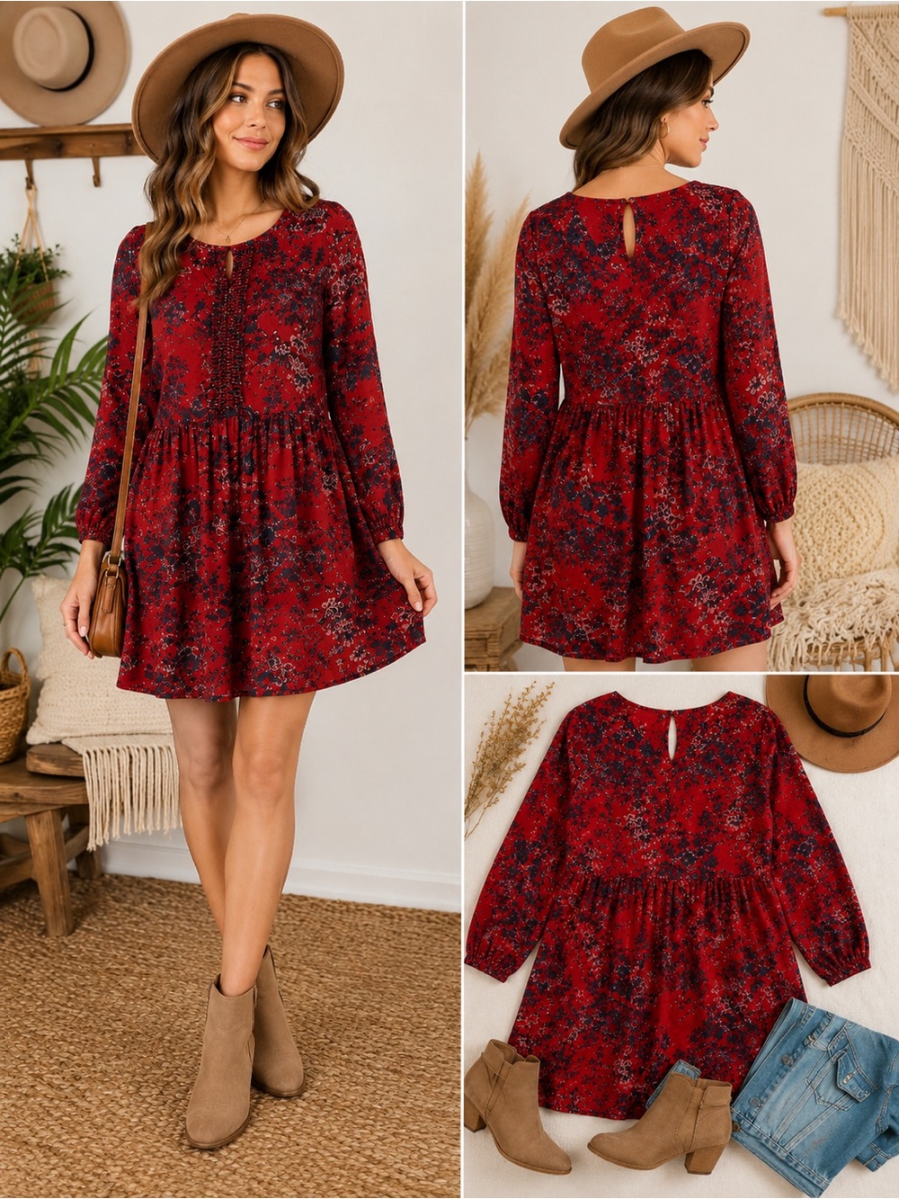 Women's Red Floral Long-Sleeve Babydoll Dress